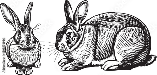 Two rabbits stand side-by-side in a detailed black and white .