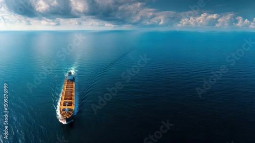 Cargo Ship at Sea: A large cargo ship sails across a vast expanse of deep blue ocean under a dramatic sky filled with fluffy clouds. The ship appears small against the enormity of the sea.