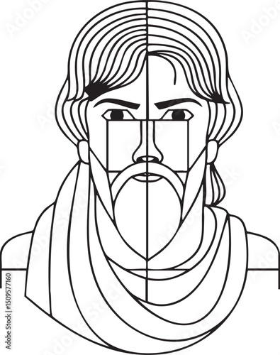 stylized black and white portrait of a man with a beard and flowing hair.