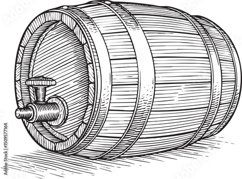 weathered wooden barrel stands upright displaying a spigot.