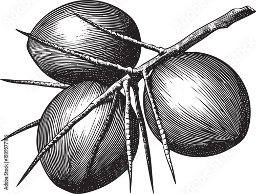 Three dark brown coconuts hang from a sturdy branch.