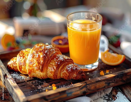 Glass fresh orange juice rustic wooden