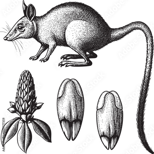 stylized depicts a wallaby leaping mid-air surrounded by botanical elements.