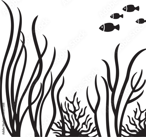 Silhouetted fish swim among dark seaweed in a serene underwater scene.