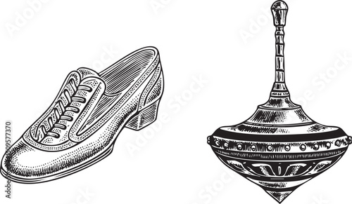 polished leather shoe and a spinning top are displayed side-by-side.