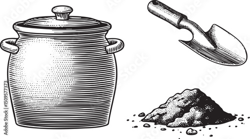 ceramic pot holds rich soil next to a gardening trowel.