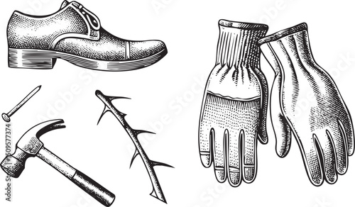 black and white showcases a shoe hammer nails and work gloves.
