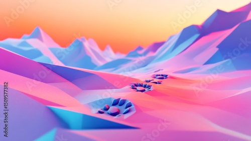 Colorful Geometric Landscape with Paw Prints in Snowy Environment