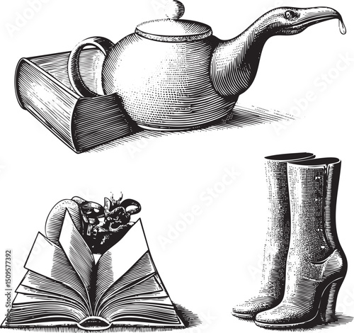 vintage teapot rests upon an open book with a pair of boots displayed nearby.