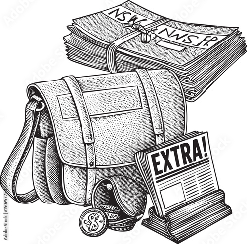 weathered messenger bag rests atop a stack of newspapers featuring the word 'EXTRA!'