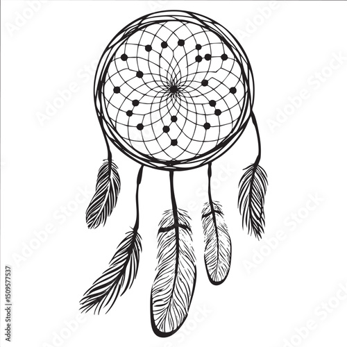 detailed black and white drawing of a dream catcher hangs suspended against a plain white background.