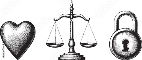 vintage depicts a heart scales of justice and a lock.
