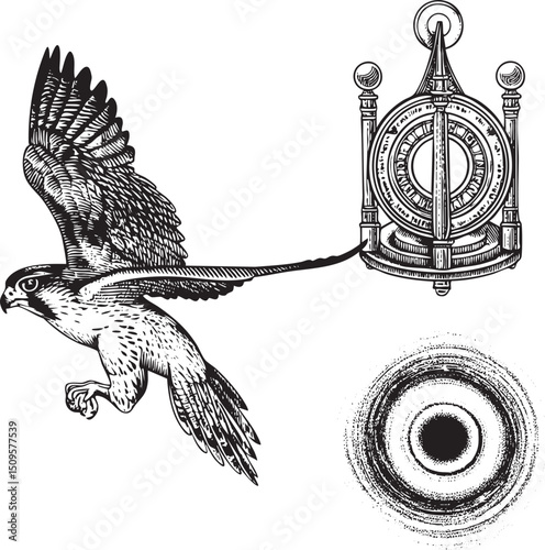 stylized hawk soars with a circular emblem attached to its tail.