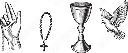 hand gestures towards a chalice adorned with a rosary and a .