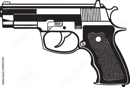 black and white drawing depicts a pistol resting on a dark surface.