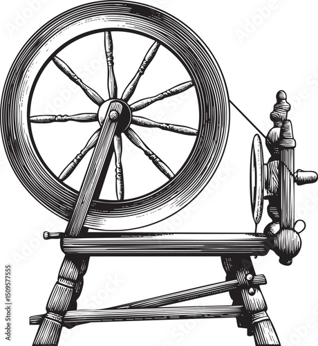 vintage wooden spinning wheel stands upright on a sturdy base.