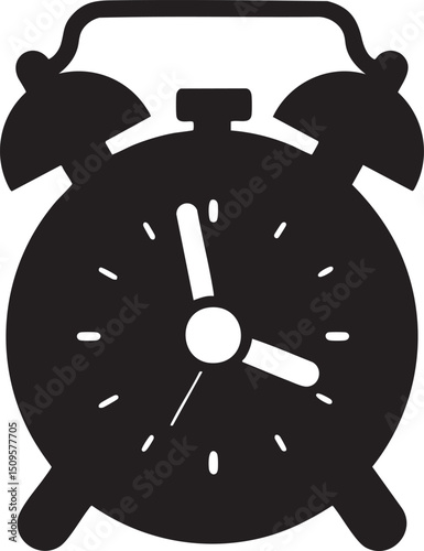 black silhouette of a classic alarm clock displays the time.