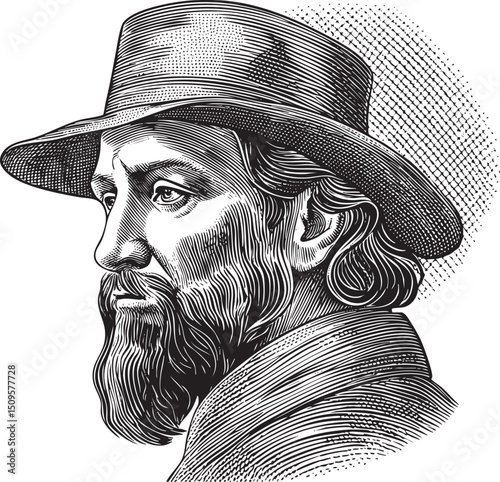 distinguished man with a hat and beard gazes intently into the distance.