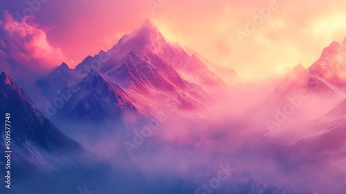 Majestic Mountain Landscape at Dusk with Vibrant Colors and Mist