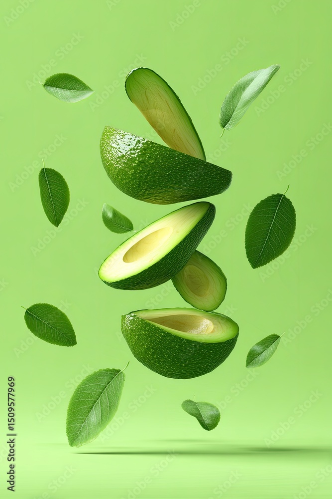Slices of avocado levitate against a light green background, interspersed with falling leaves Slices of avocado levitate against a light green background, interspersed with falling leaves