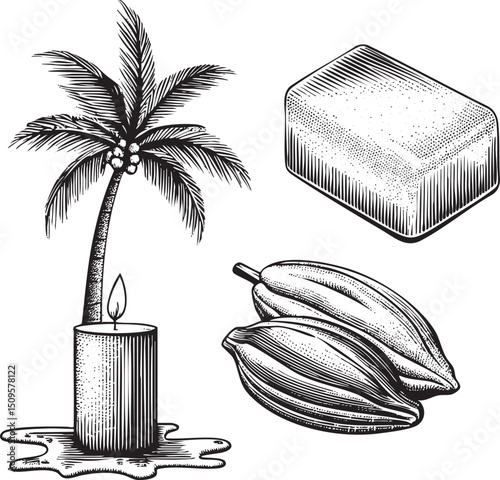 palm tree stands beside a block of cocoa with a cacao pod resting on a candle.