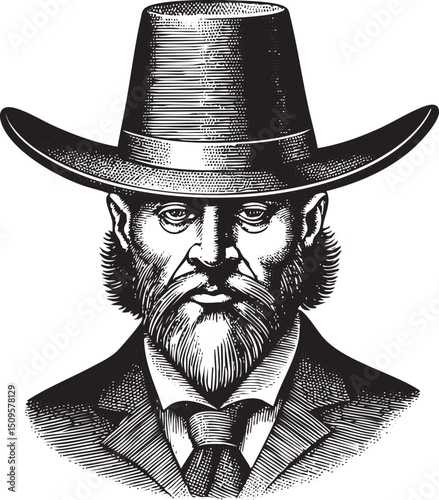 distinguished older man wears a wide-brimmed hat and a dark suit.