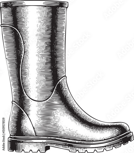 detailed black and white of a sturdy rubber boot.