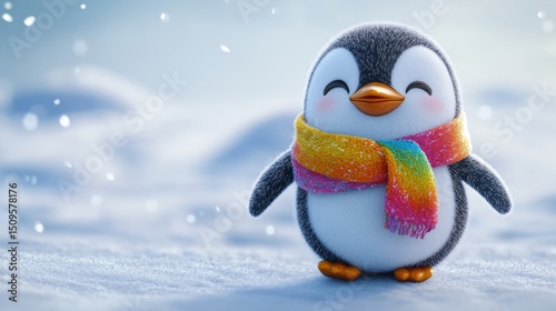 Cute Cartoon Penguin with Colorful Scarf in Snowy Winter Scene