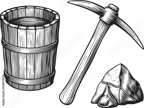 wooden bucket a pickaxe and a glittering gemstone sit on a weathered surface.