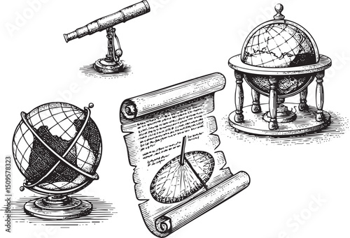 vintage telescope stands beside a decorative globe and an aged scroll with a celestial clock.