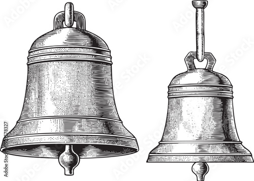Two antique bronze bells hang side-by-side against a white background.