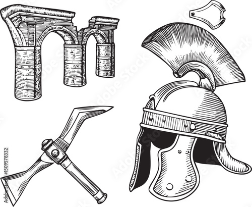 black and white depicts a classical archway a helmet a shield and a weapon.