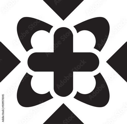 symmetrical black and white emblem features a central plus sign surrounded by four stylized petal shapes.