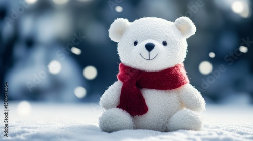 Cute stuffed polar bear toy sitting in snow with red scarf