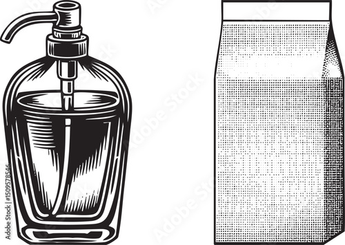 clear glass bottle with a pump dispenser sits beside a burlap sack.