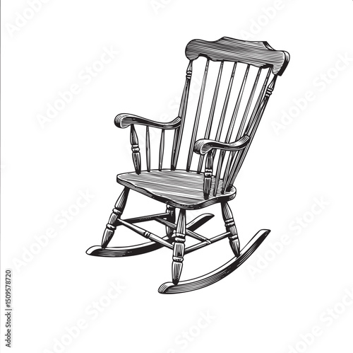 detailed black and white of a wooden rocking chair.