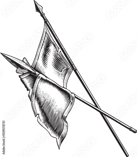 black and white flag with a spear is displayed against a plain background.