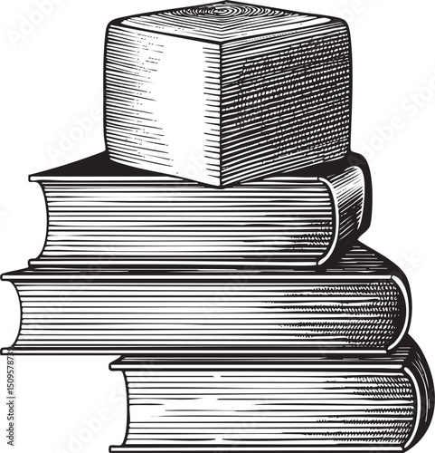 Three books are stacked together forming a stable tower.