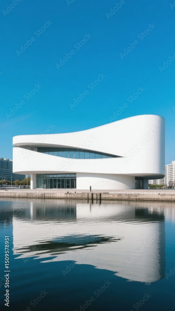 Obraz premium Modern white building with a curved design reflected in calm water under a clear blue sky