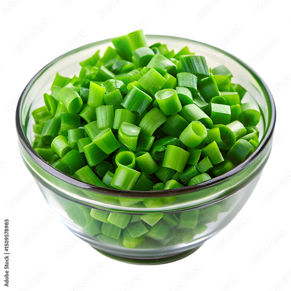 chopped green onions in a glass bowl with transparent background chopped green onions in a glass bowl with transparent background