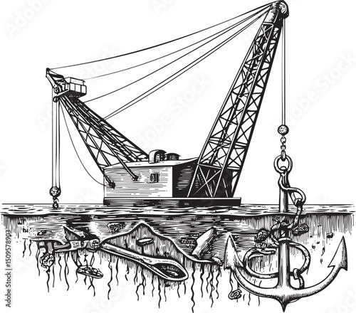 large crane operates near a submerged anchor and tools.