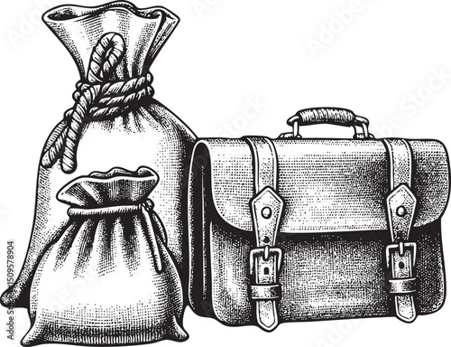 burlap sack and a leather satchel are displayed side by side.