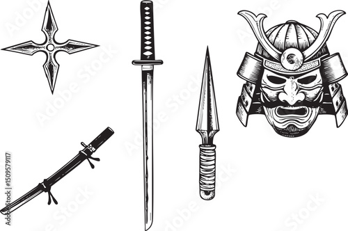 black and white depicts a samurai mask a katana sword a ninja star and a tanto knife.