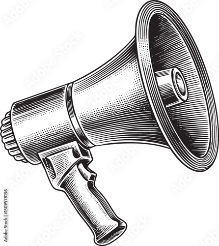 black and white megaphone stands upright ready to project sound.