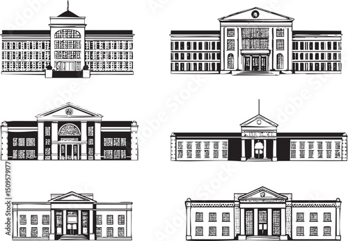 Six architectural building illustrations in black and white.