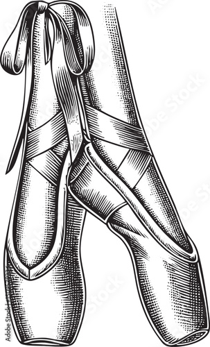 Two elegant ballet slippers rest side-by-side tied with delicate ribbons.