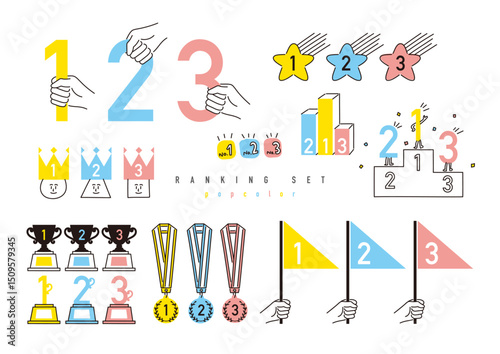 Cute Ranking Icons Set in Pop Colors / Medals, Crowns, Flags
ポップな配色のかわいいランキング素材セット