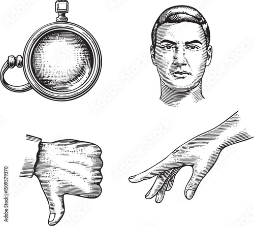 man’s head and hand gestures are depicted within a compass .