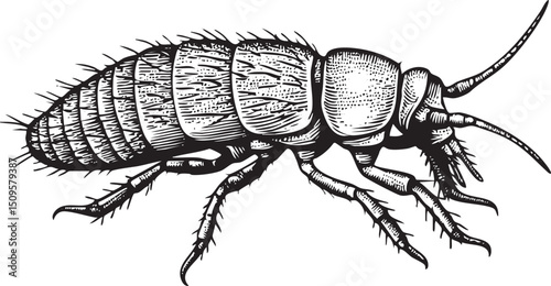 detailed black and white of a large segmented insect.