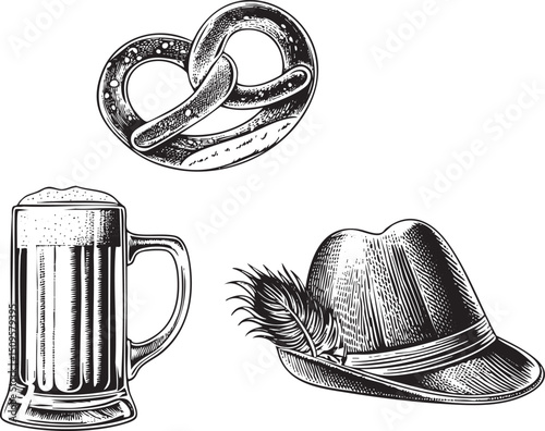 pretzel and a beer mug sit alongside a traditional hat.